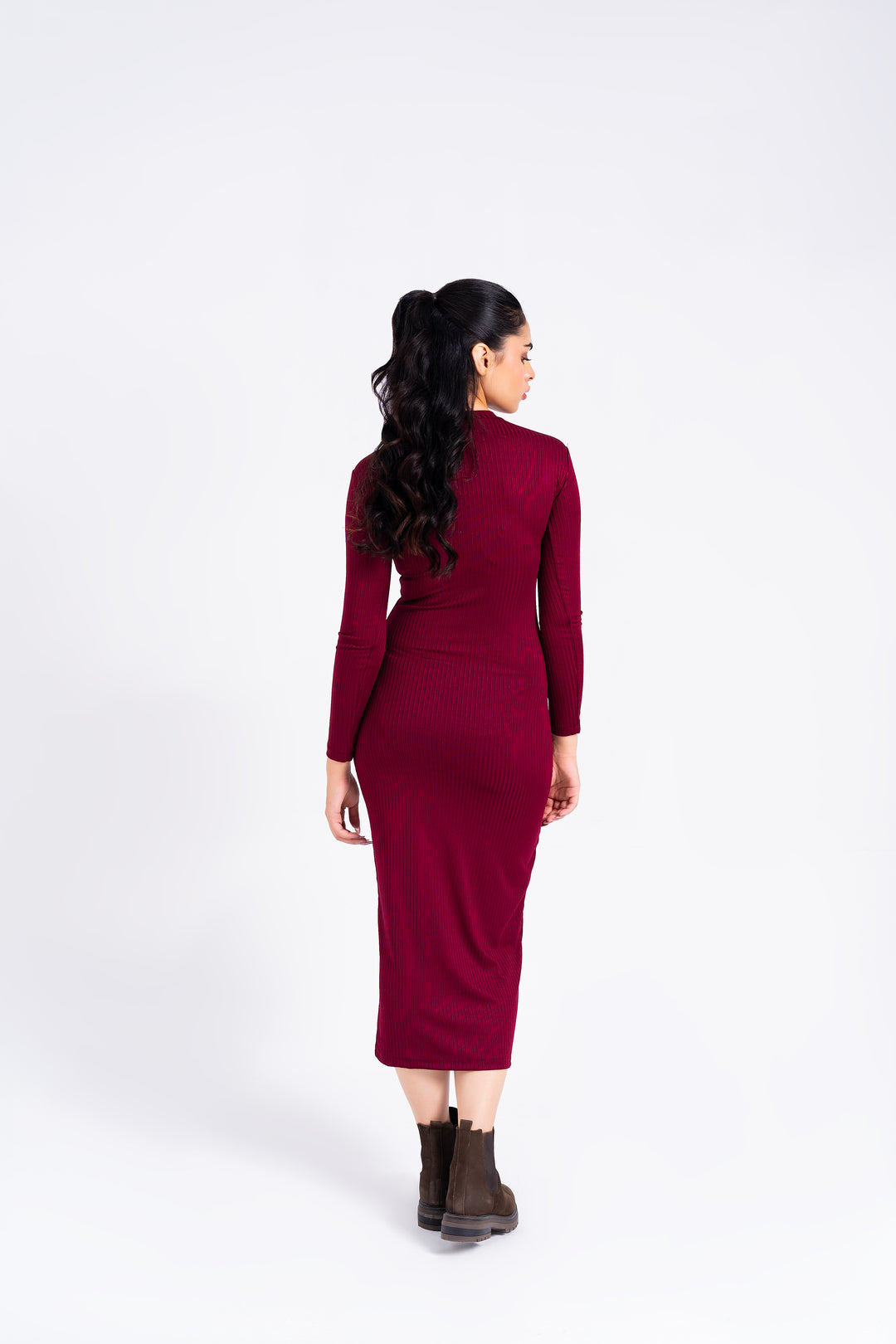 Round Neck Knitted Dress - Burgundy