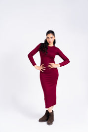 Round Neck Knitted Dress - Burgundy