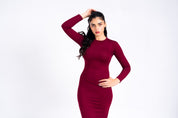 Round Neck Knitted Dress - Burgundy