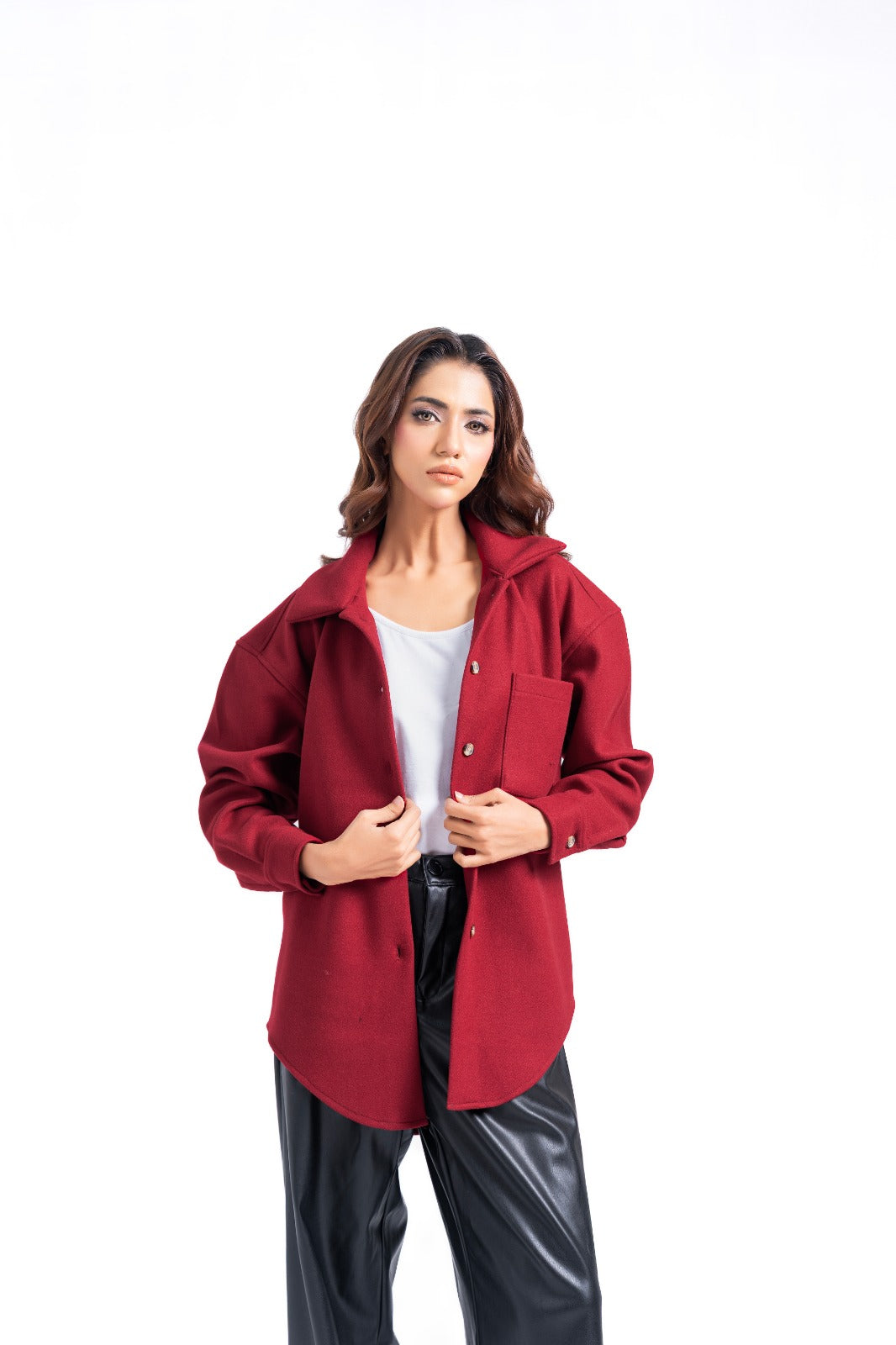 Oversized Shacket in Wool - Maroon