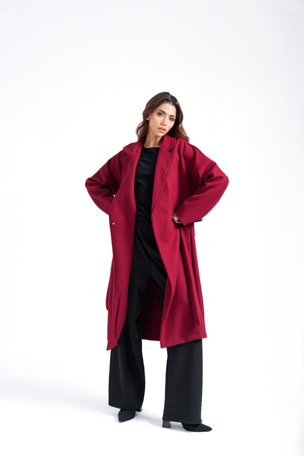 Oversized Belted Wool Coat - Maroon