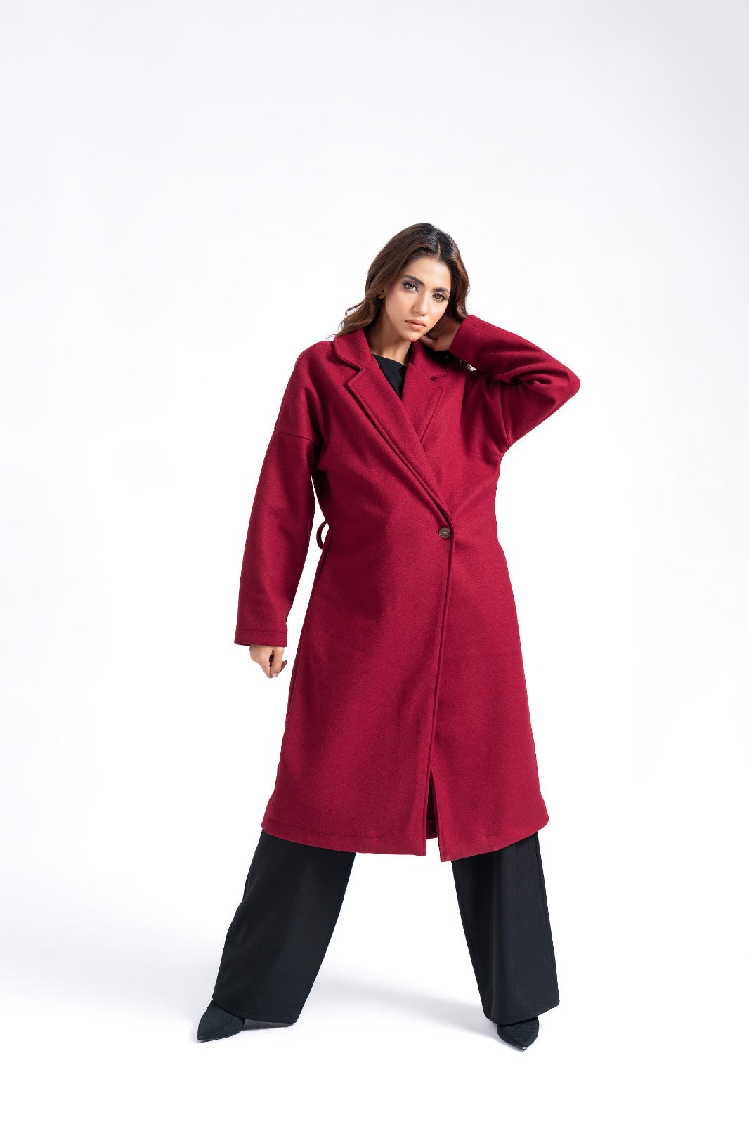 Oversized Belted Wool Coat - Maroon