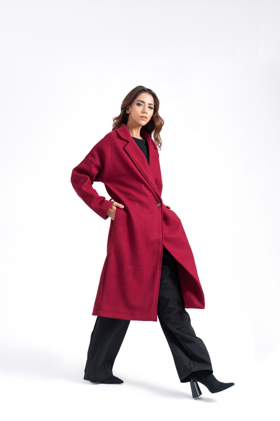 Oversized Belted Wool Coat - Maroon
