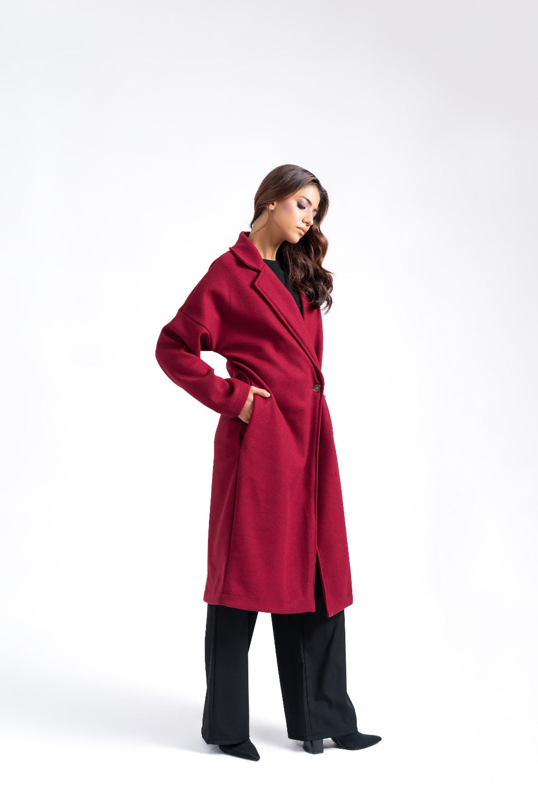 Oversized Belted Wool Coat - Maroon