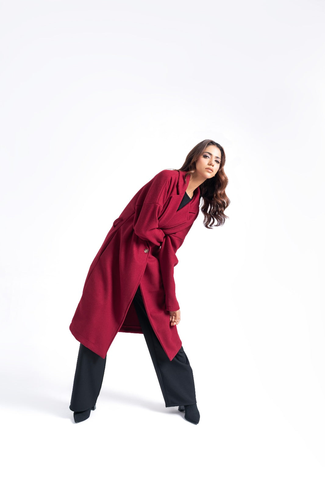 Oversized Belted Wool Coat - Maroon