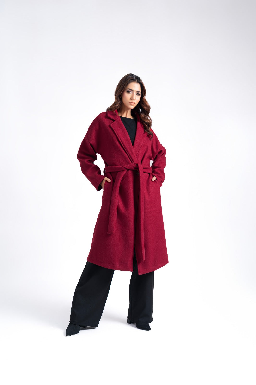 Oversized Belted Wool Coat - Maroon