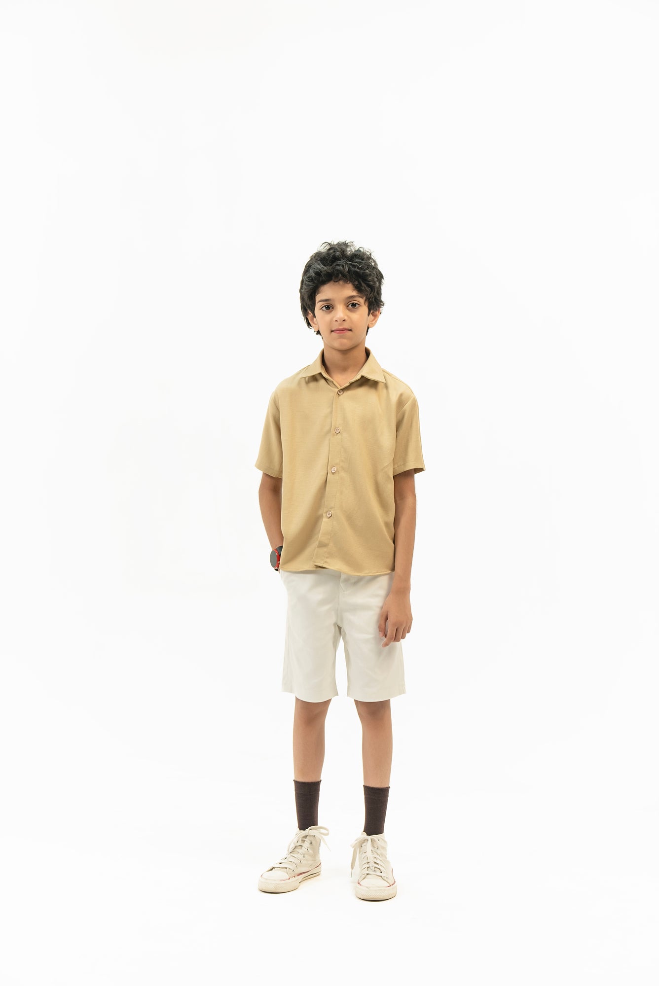 Boys Short Sleeves Button Down Shirt in Linen - Beige