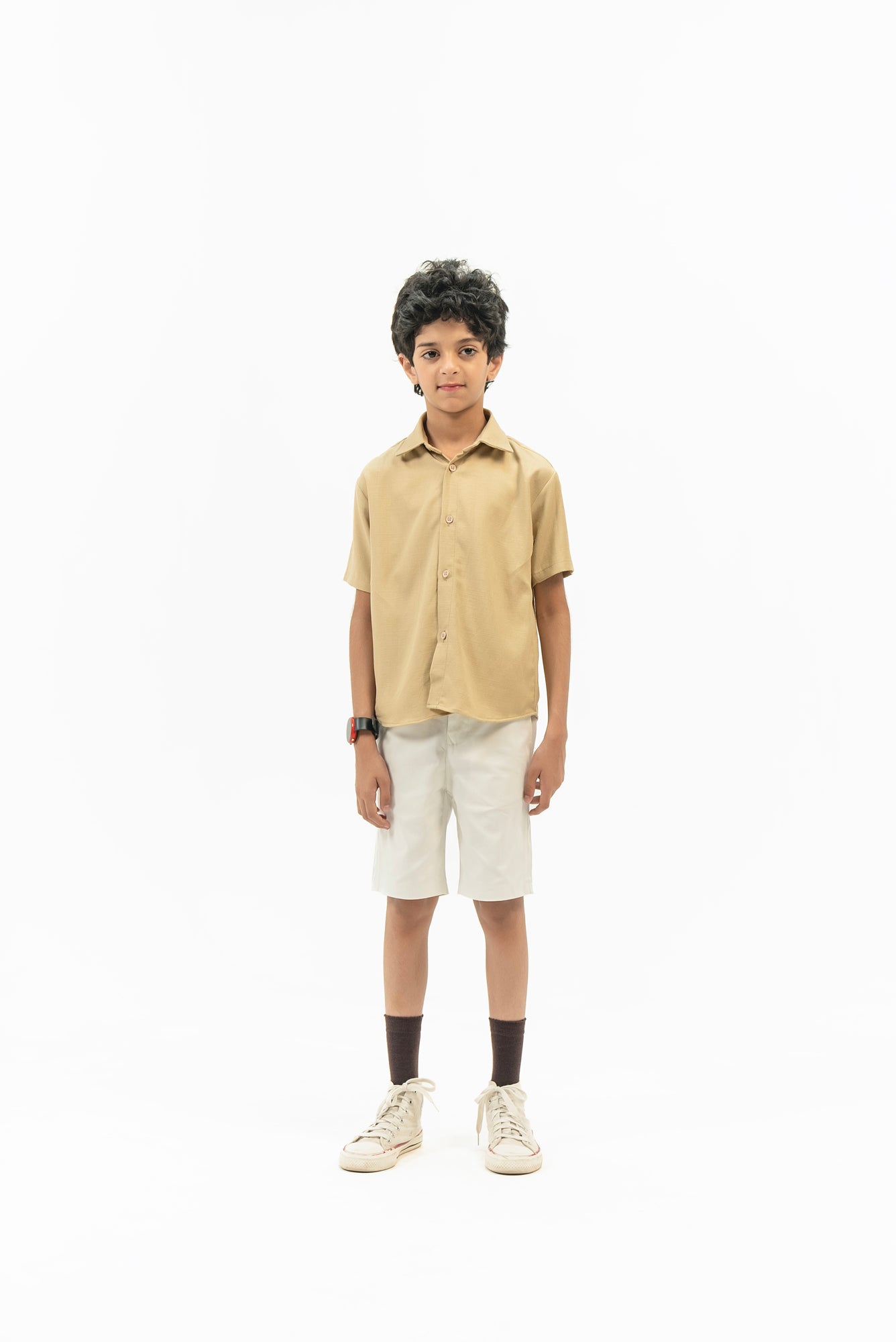 Boys Short Sleeves Button Down Shirt in Linen - Beige