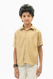 Boys Short Sleeves Button Down Shirt in Linen - Beige