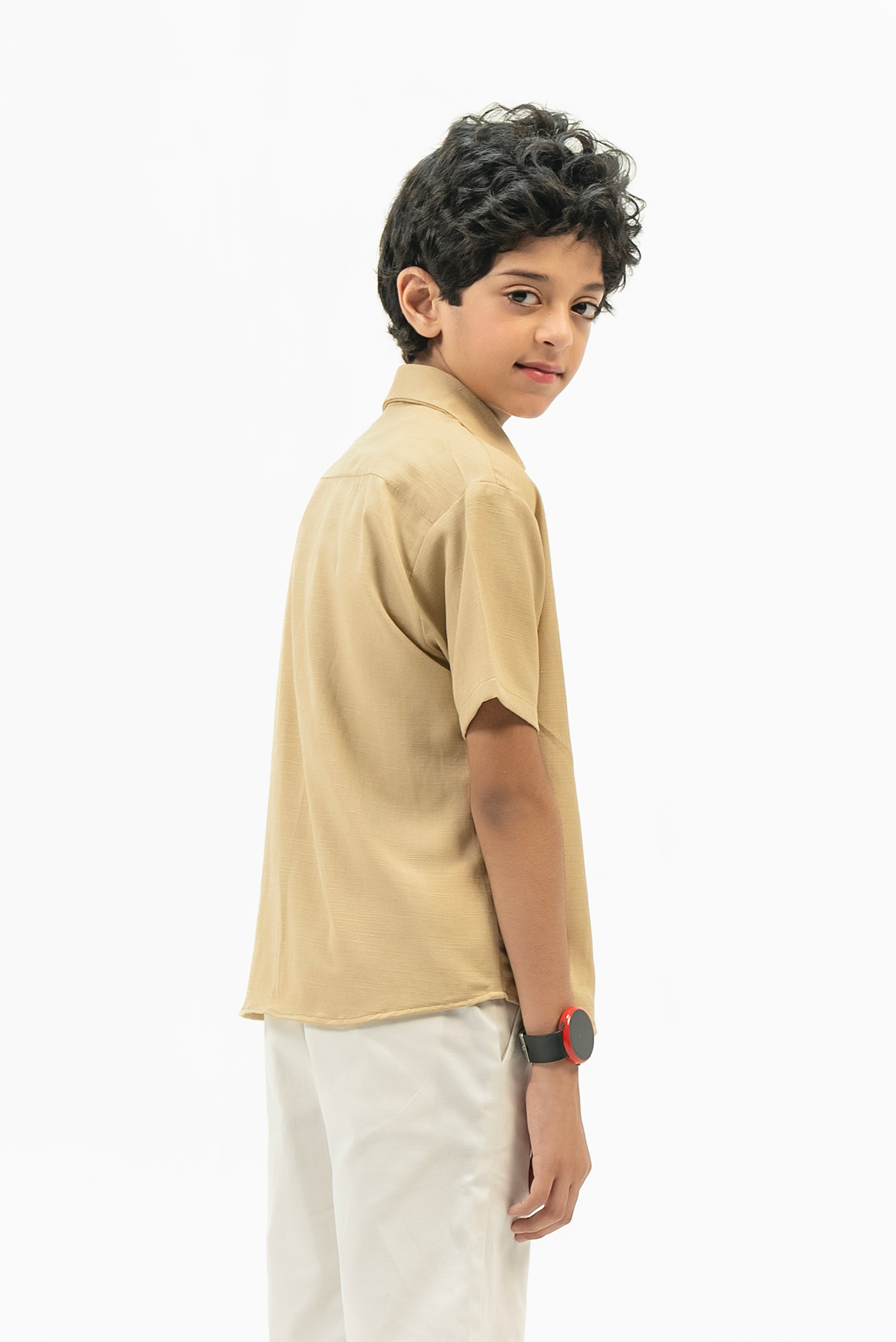 Boys Short Sleeves Button Down Shirt in Linen - Beige