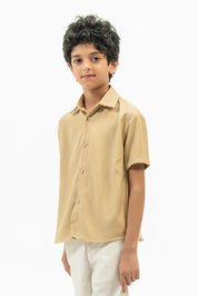 Boys Short Sleeves Button Down Shirt in Linen - Beige