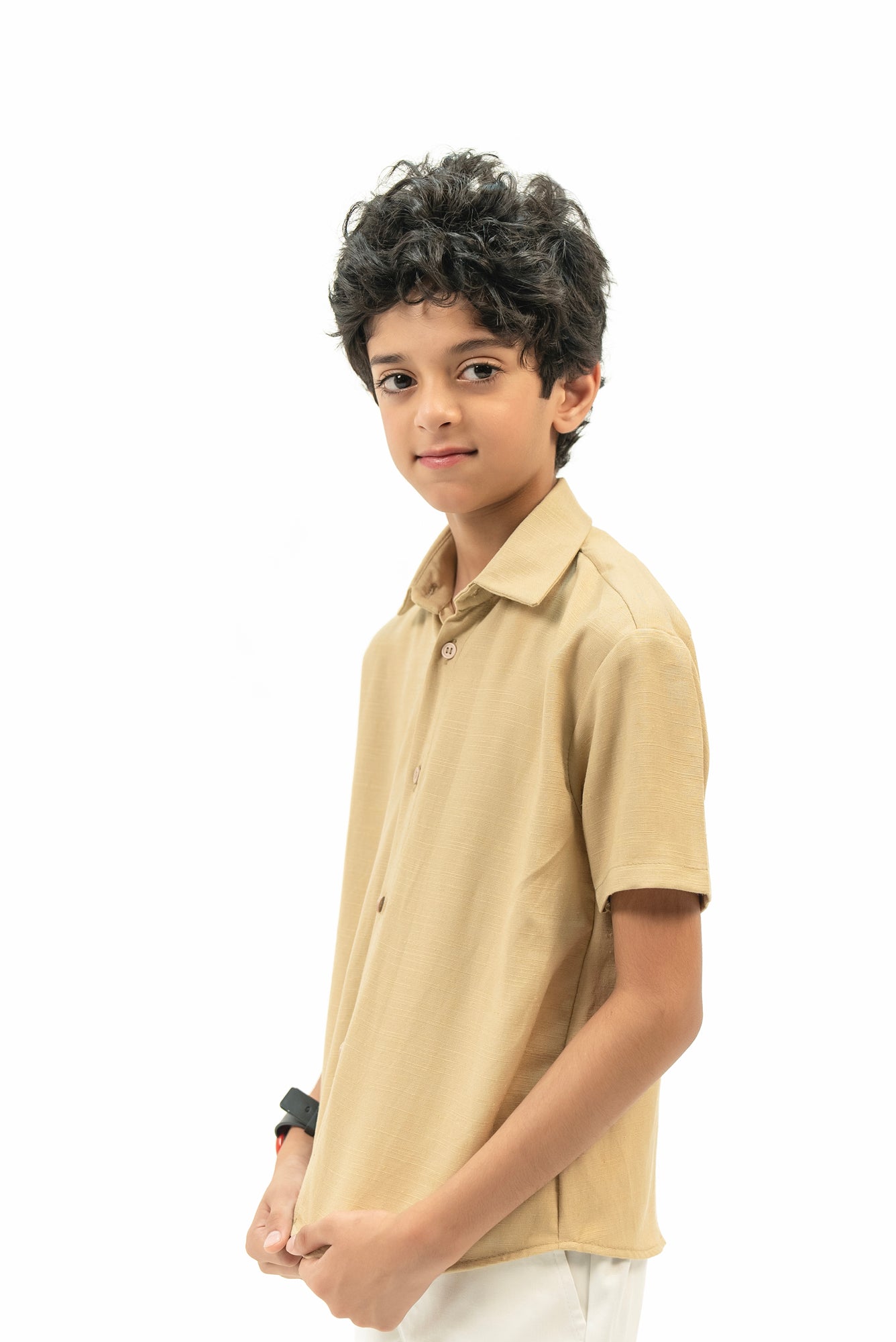 Boys Short Sleeves Button Down Shirt in Linen - Beige