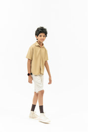Boys Short Sleeves Button Down Shirt in Linen - Beige