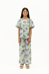 Girls Wide Leg Elasticated Pant - Light Green Purple Floral