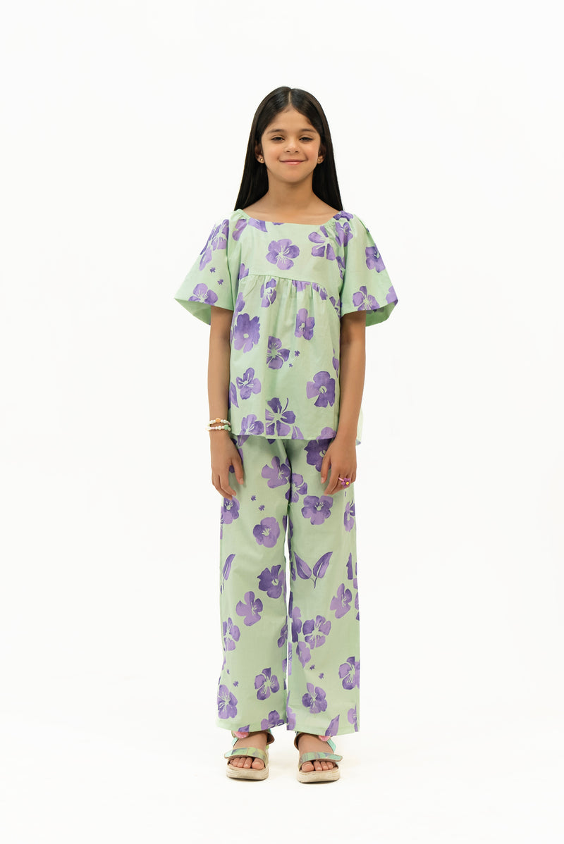 Girls Wide Leg Elasticated Pant - Light Green Purple Floral