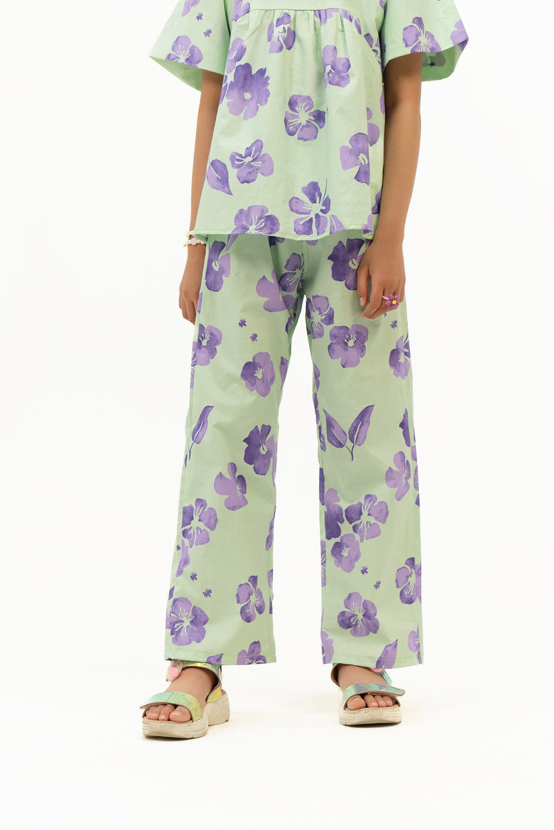 Girls Wide Leg Elasticated Pant - Light Green Purple Floral