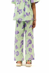 Girls Wide Leg Elasticated Pant - Light Green Purple Floral