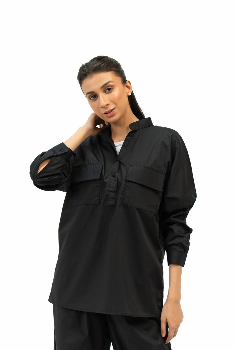 Oversized Patch Pocket Shirt - Black