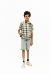 Boys Short Sleeves Button Down Shirt - White Black Grid Check