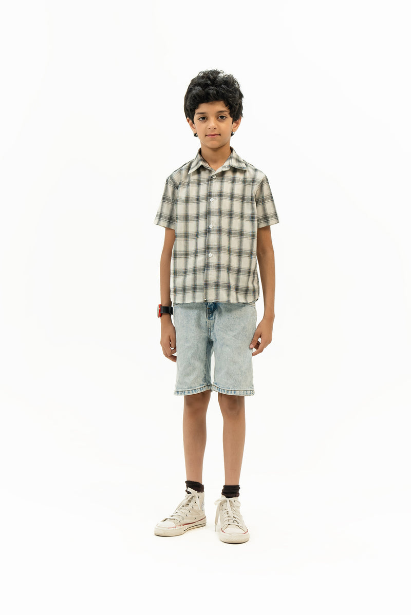 Boys Short Sleeves Button Down Shirt - White Black Grid Check