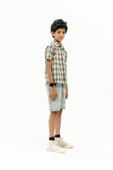 Boys Short Sleeves Button Down Shirt - White Black Grid Check