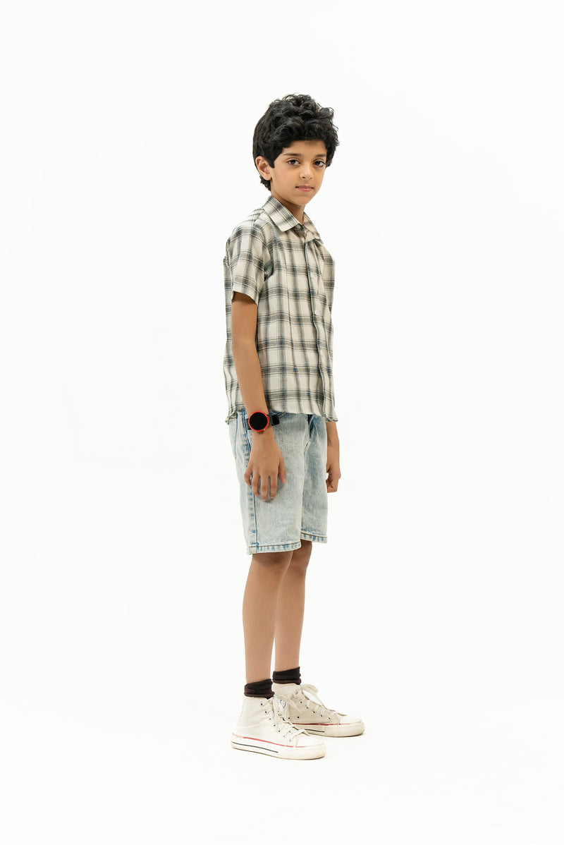 Boys Short Sleeves Button Down Shirt - White Black Grid Check