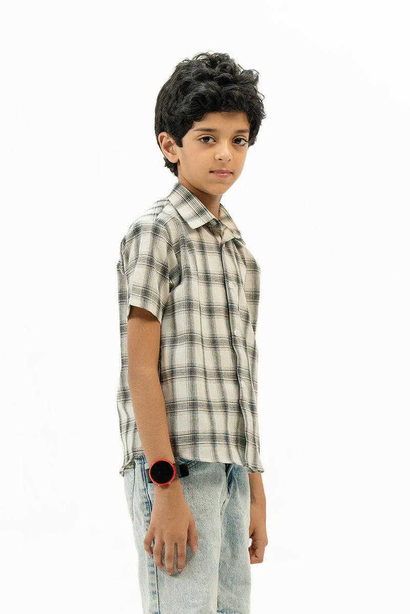 Boys Short Sleeves Button Down Shirt - White Black Grid Check