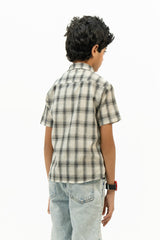 Boys Short Sleeves Button Down Shirt - White Black Grid Check