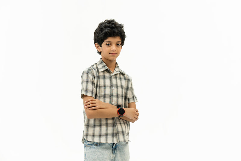 Boys Short Sleeves Button Down Shirt - White Black Grid Check