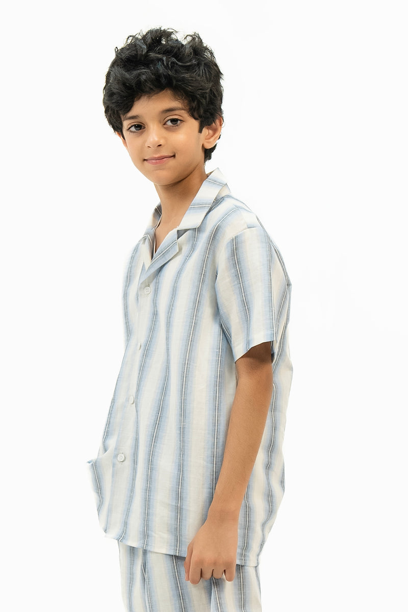 Boys Short Sleeve Resort Shirt - Light Blue White Striped