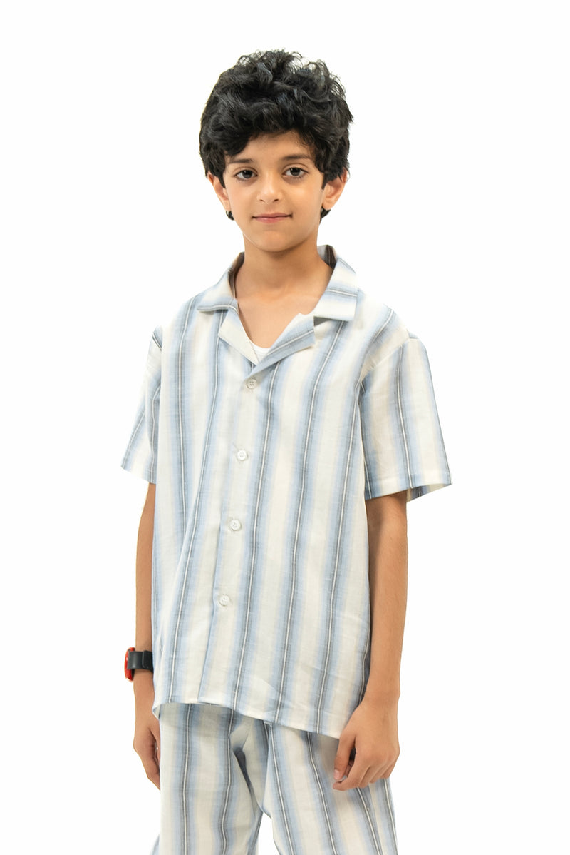 Boys Short Sleeve Resort Shirt - Light Blue White Striped