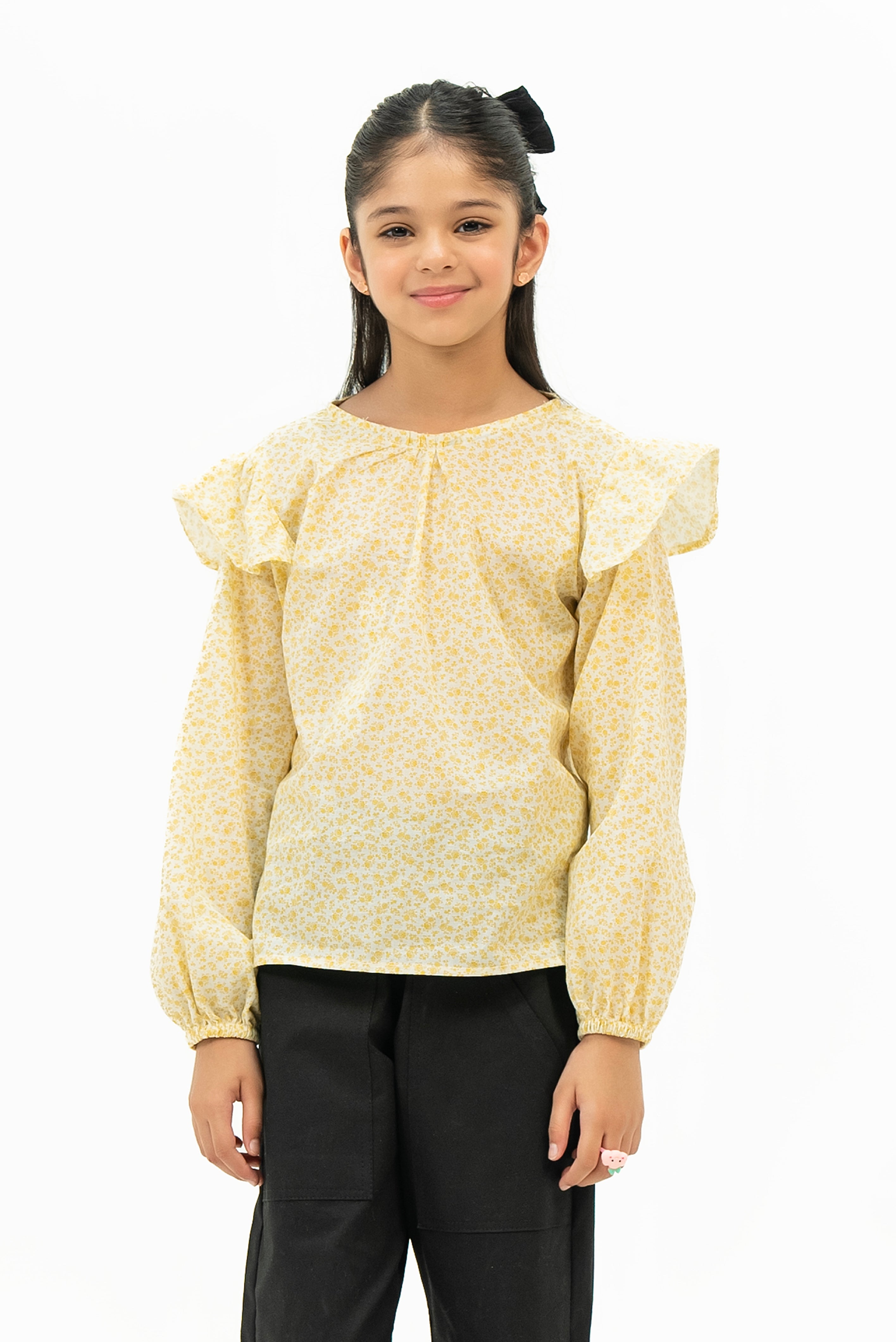 Girls Ruffle Printed Blouse - Yellow Floral Printed