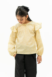Girls Ruffle Printed Blouse - Yellow Floral Printed
