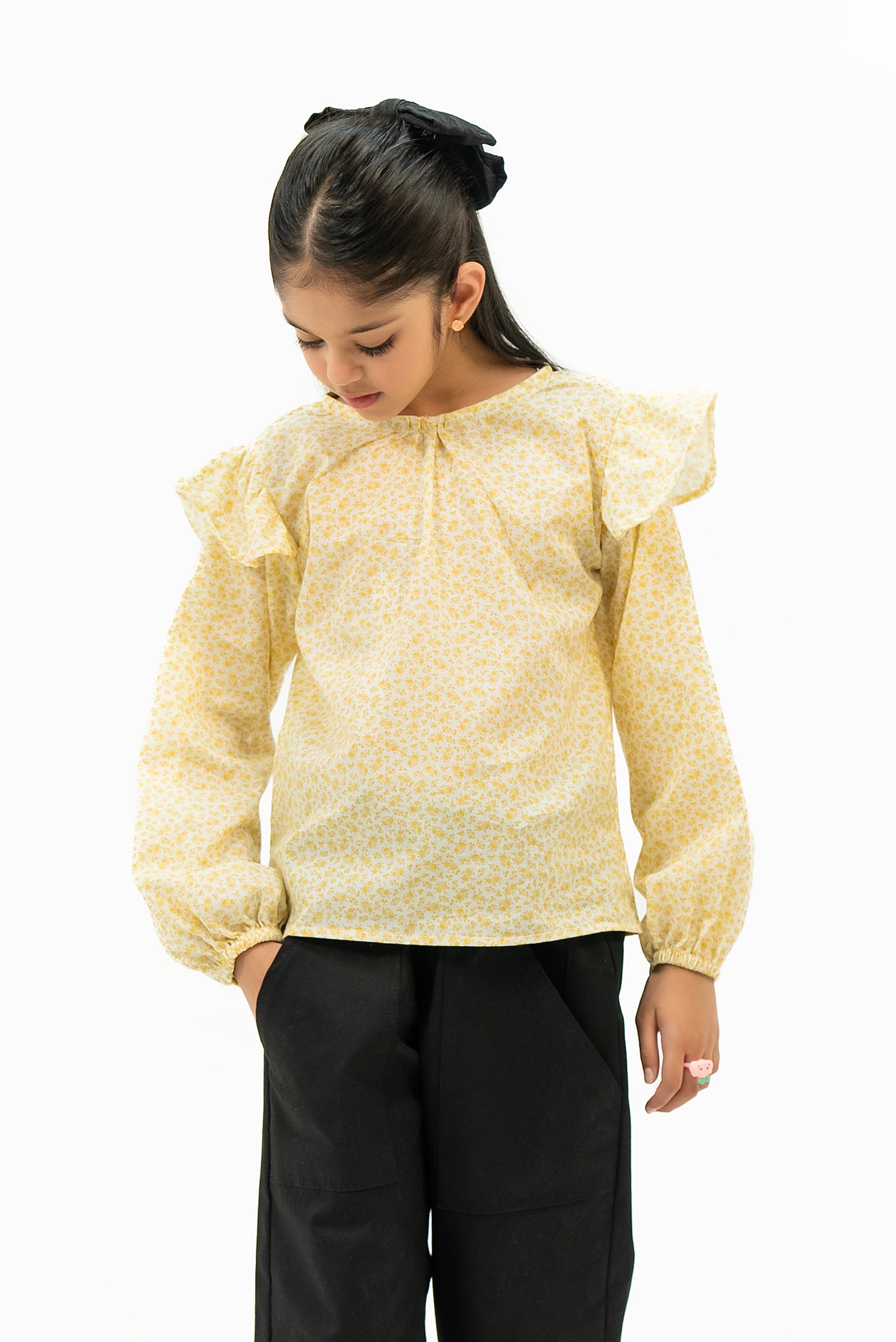 Girls Ruffle Printed Blouse - Yellow Floral Printed