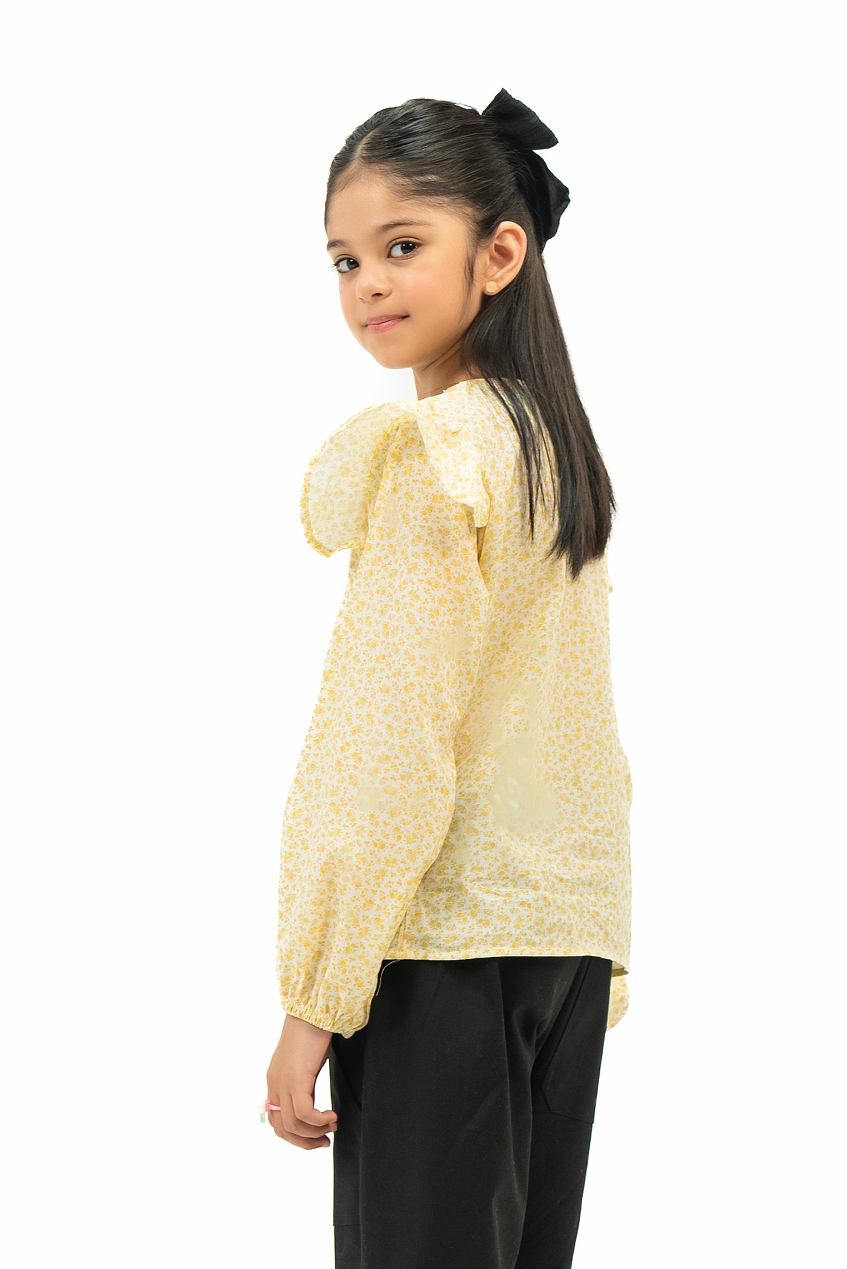 Girls Ruffle Printed Blouse - Yellow Floral Printed