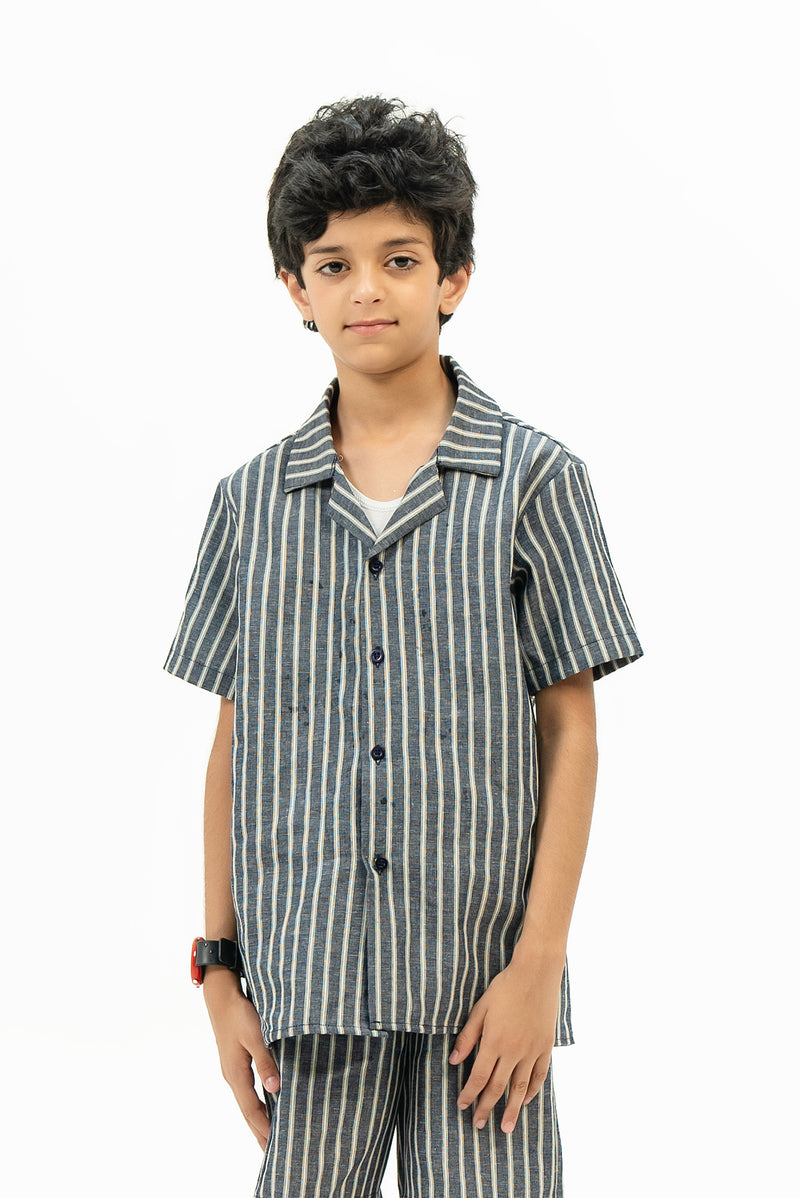 Boys Short Sleeve Resort Shirt - Navy Blue White Striped