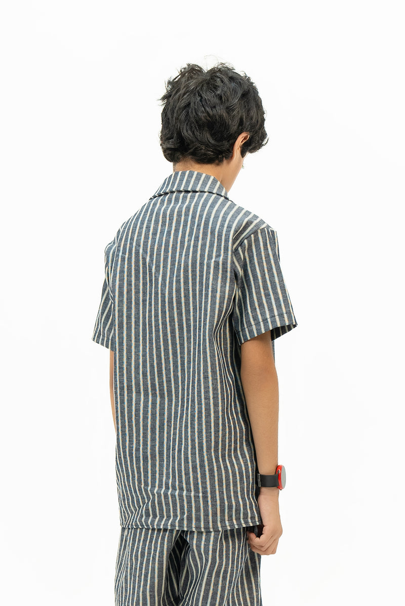 Boys Short Sleeve Resort Shirt - Navy Blue White Striped