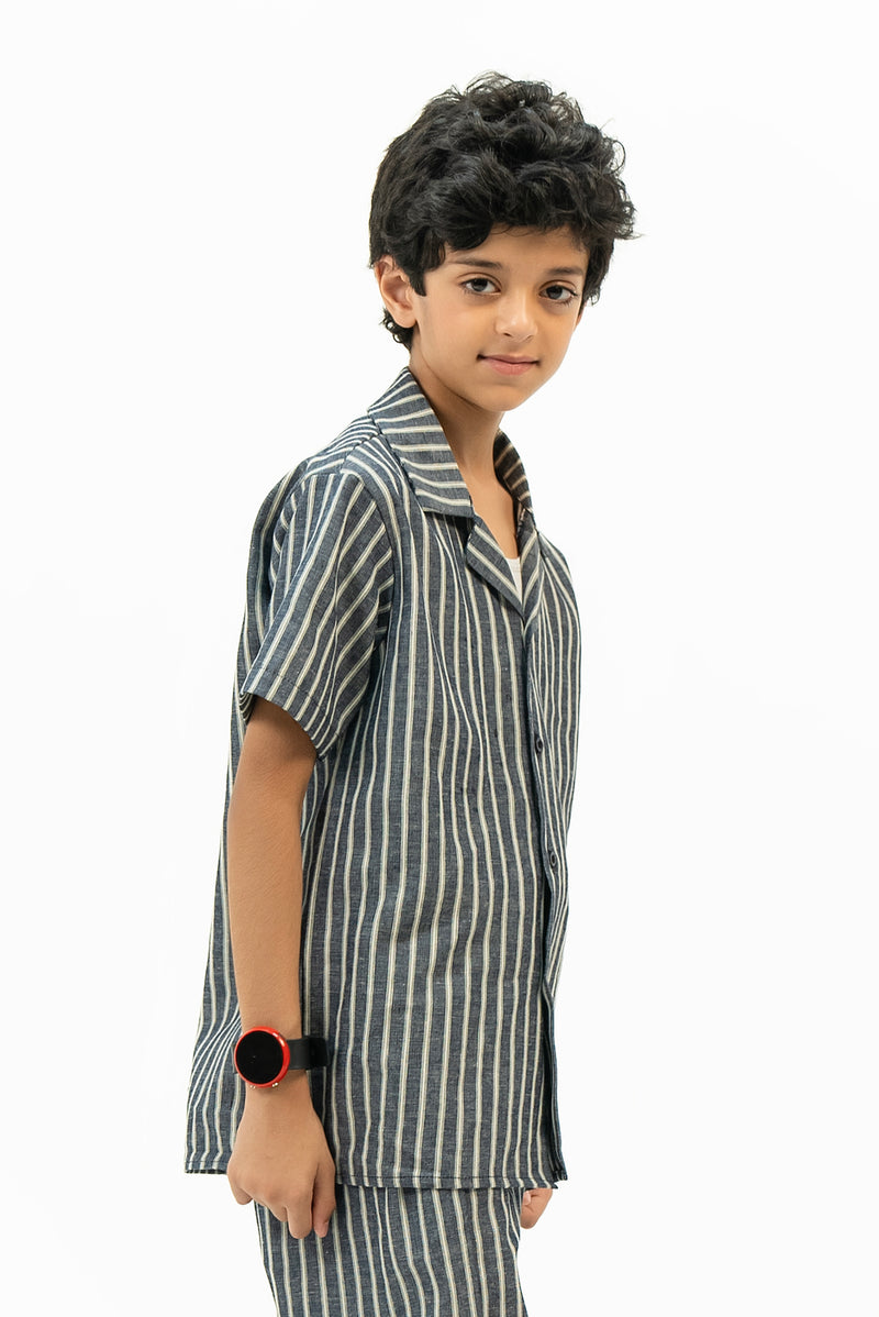 Boys Short Sleeve Resort Shirt - Navy Blue White Striped