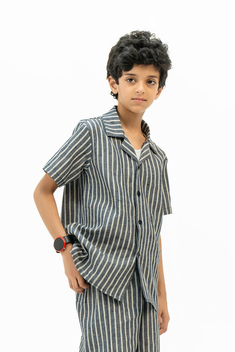 Boys Short Sleeve Resort Shirt - Navy Blue White Striped