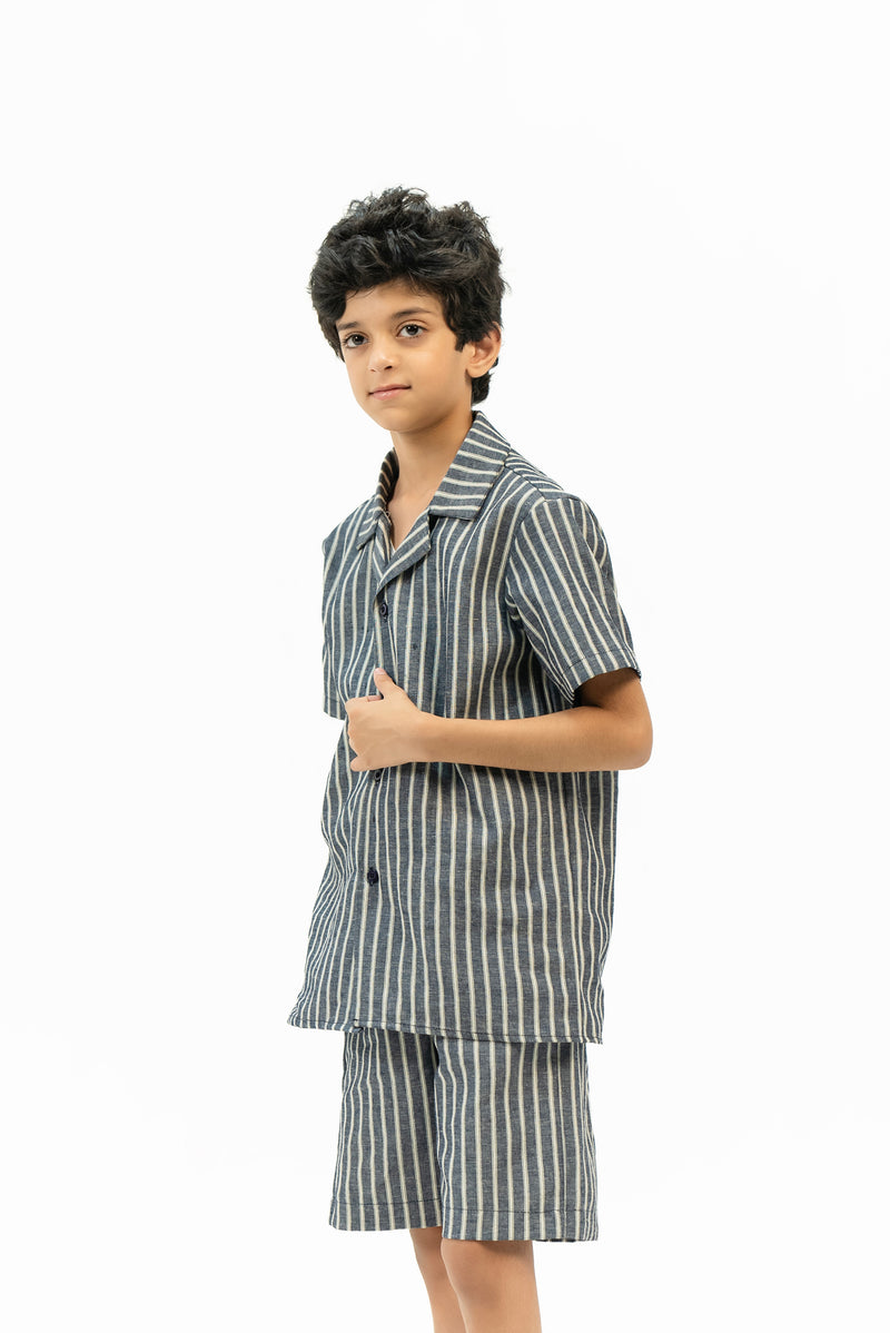 Boys Short Sleeve Resort Shirt - Navy Blue White Striped