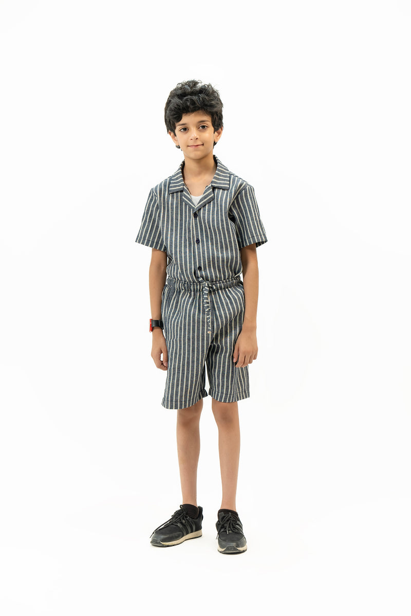 Boys Short Sleeve Resort Shirt - Navy Blue White Striped