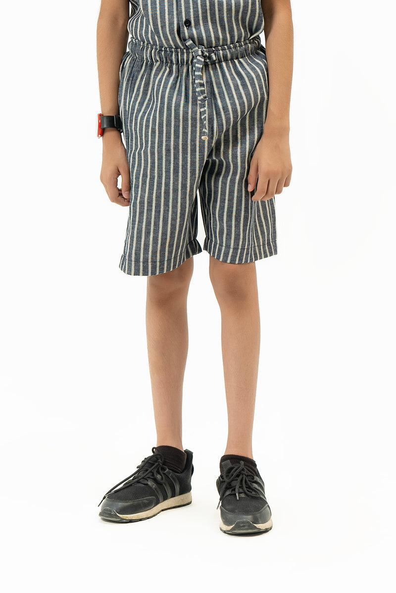 Boys Pull-on Shorts - Navy Blue White Striped