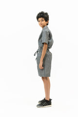 Boys Short Sleeve Resort Shirt - Navy Blue White Striped