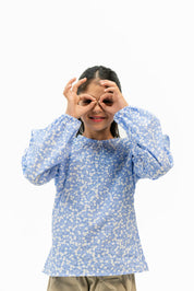 Girls Ruffle Printed Blouse - Light Blue White Floral