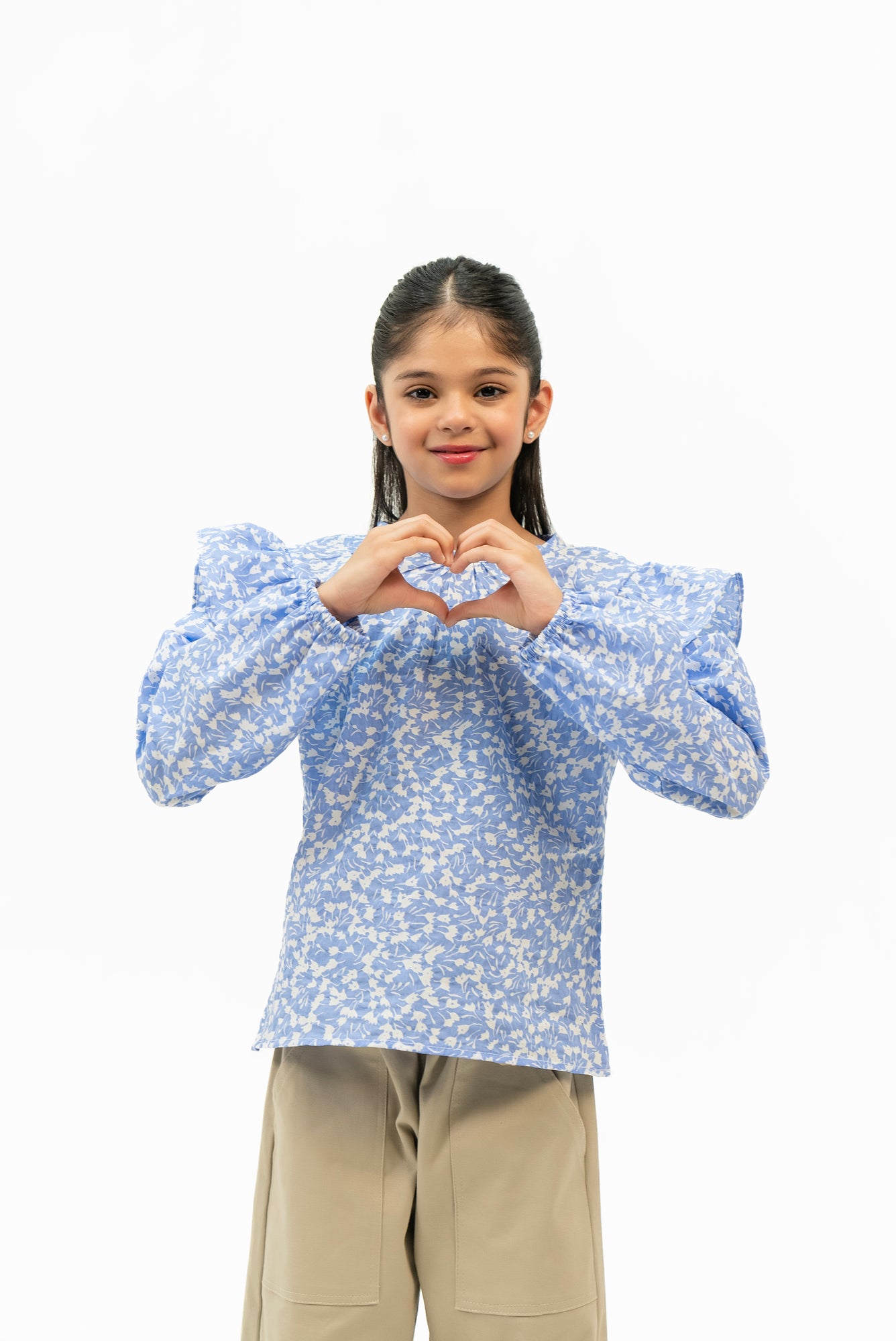 Girls Ruffle Printed Blouse - Light Blue White Floral