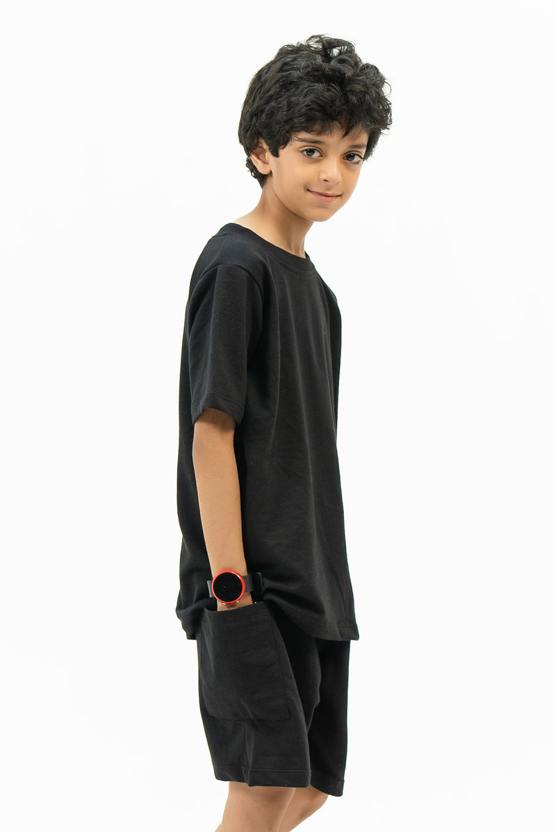 Boys Round Neck T-Shirt in Terry - Black