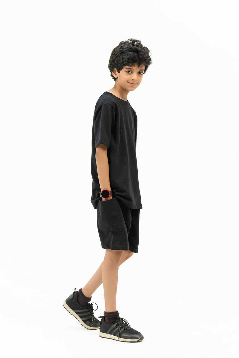 Boys Round Neck T-Shirt in Terry - Black