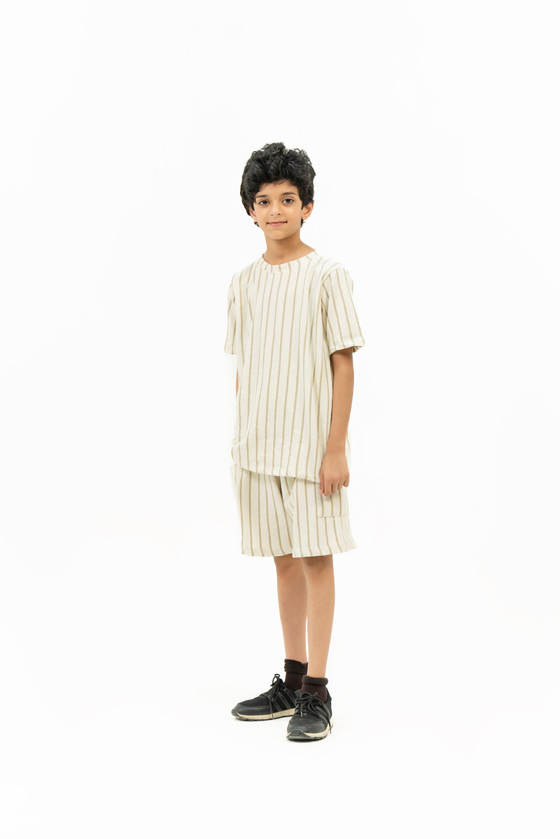 Boys Round Neck T-Shirt in Terry - Off White Striped