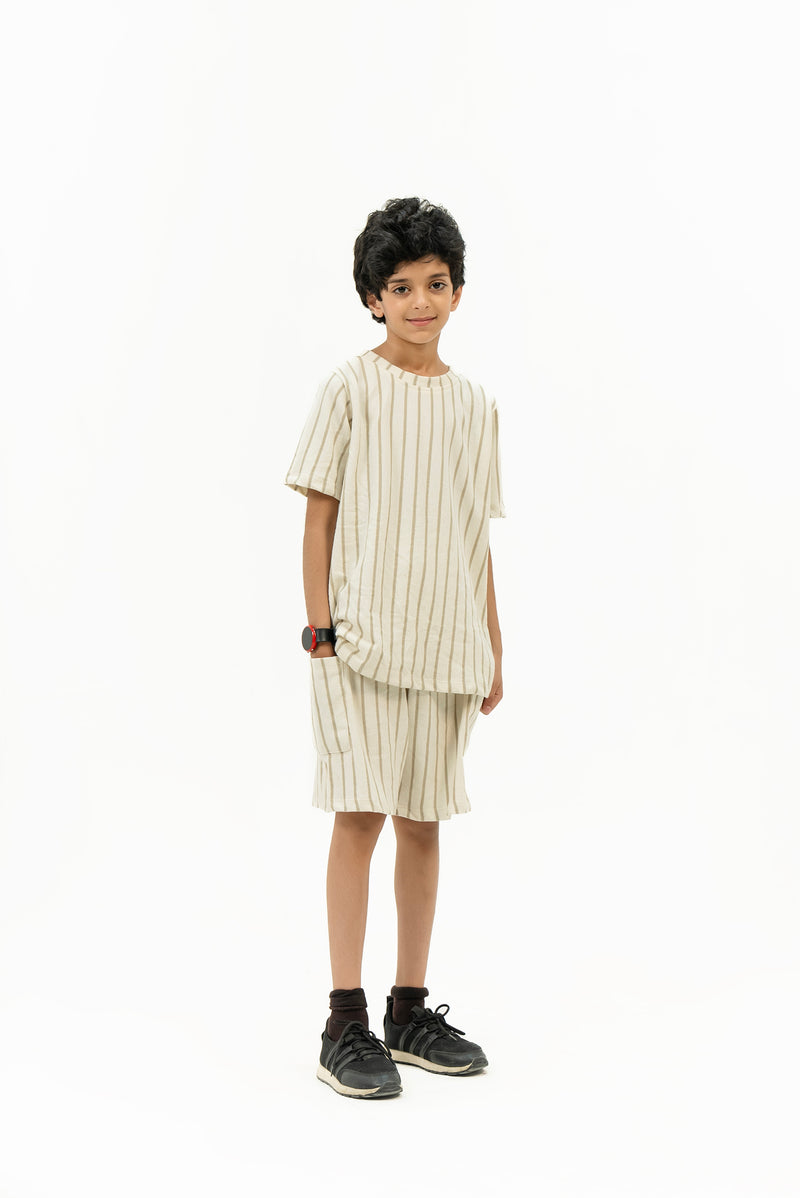 Boys Round Neck T-Shirt in Terry - Off White Striped