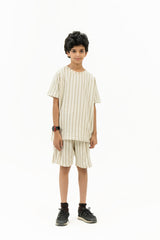 Boys Round Neck T-Shirt in Terry - Off White Striped